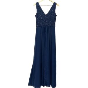 HOBBS VICKY SHEER NAVY BLUE CHIFFON BEADED EVENING homecoming DRESS Size 6  $525
